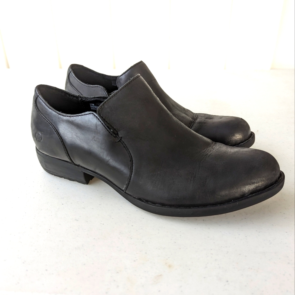 Born Black Leather Zip Up Block Slip On Loafers